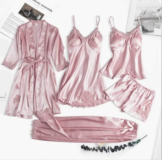 Blushing Lace 5-Piece Satin Sleepwear Set – Bridal-Ready Lingerie Collection