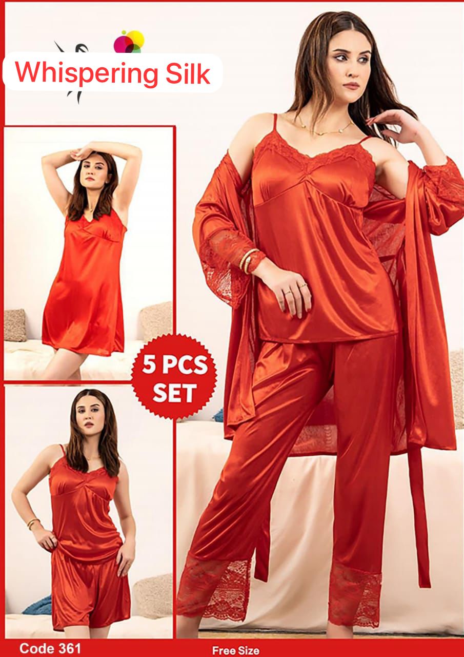 Burgundy Allure 5-Piece Satin Sleepwear Set – Lace-Trimmed Luxury Nightwear