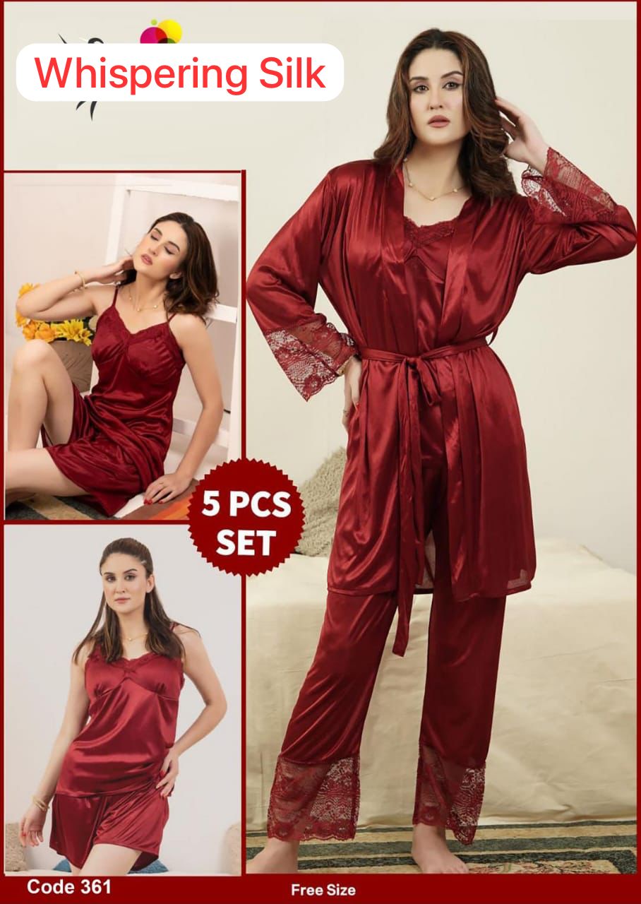 Burgundy Allure 5-Piece Satin Sleepwear Set – Lace-Trimmed Luxury Nightwear